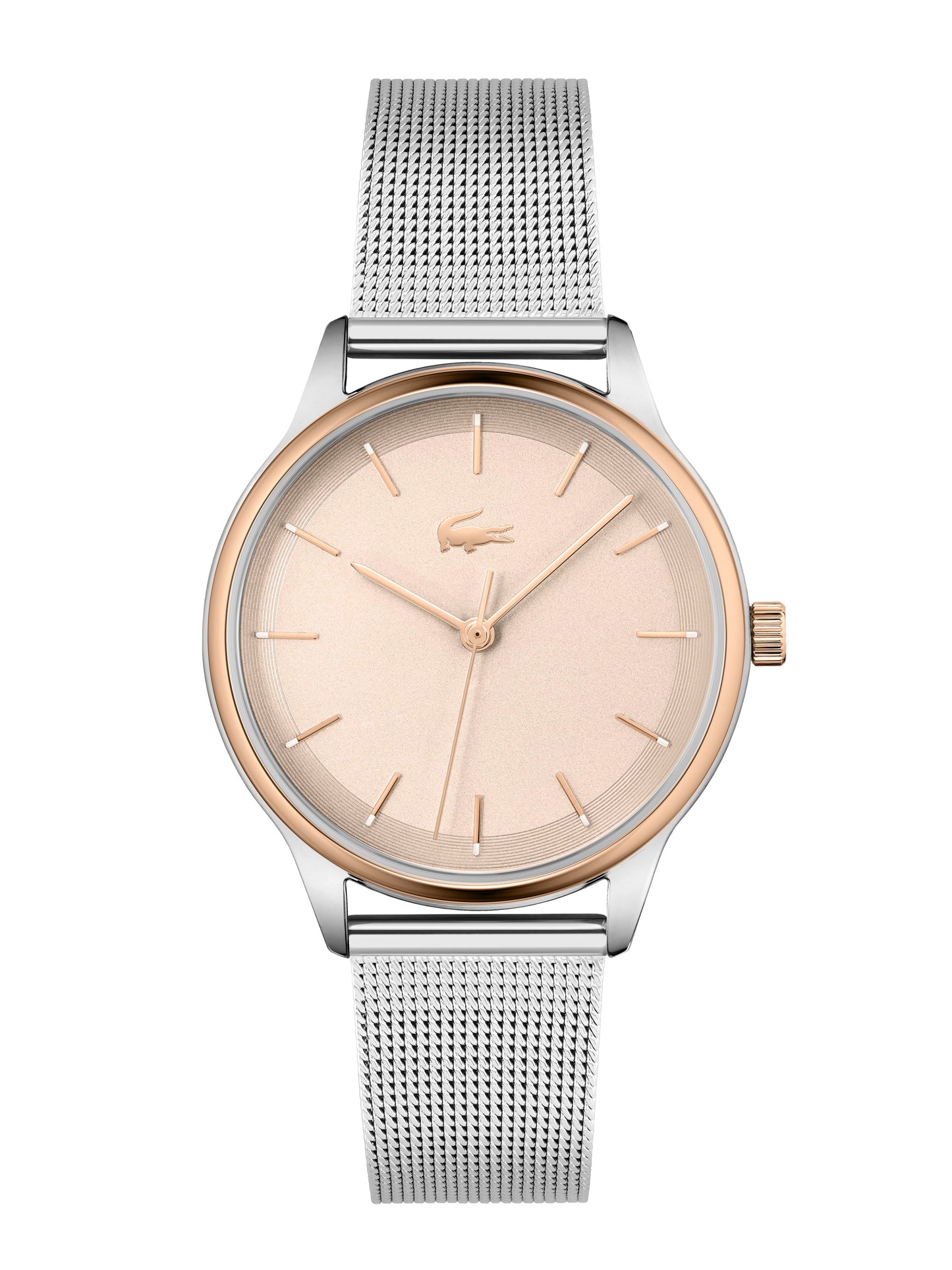 An internationally guaranteed Lacoste Women's Club Blush Watch 2001257 with a white dial and silver mesh strap.