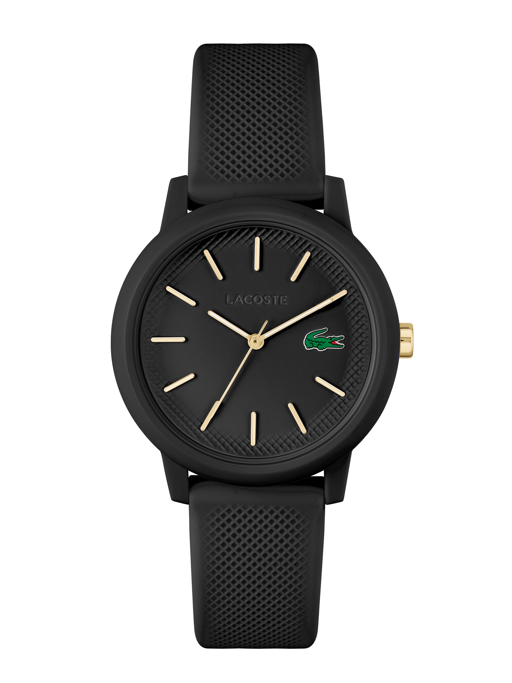 A sporty Lacoste Ladies Lacoste.12.12 Black Watch 2001212 with gold accents.
