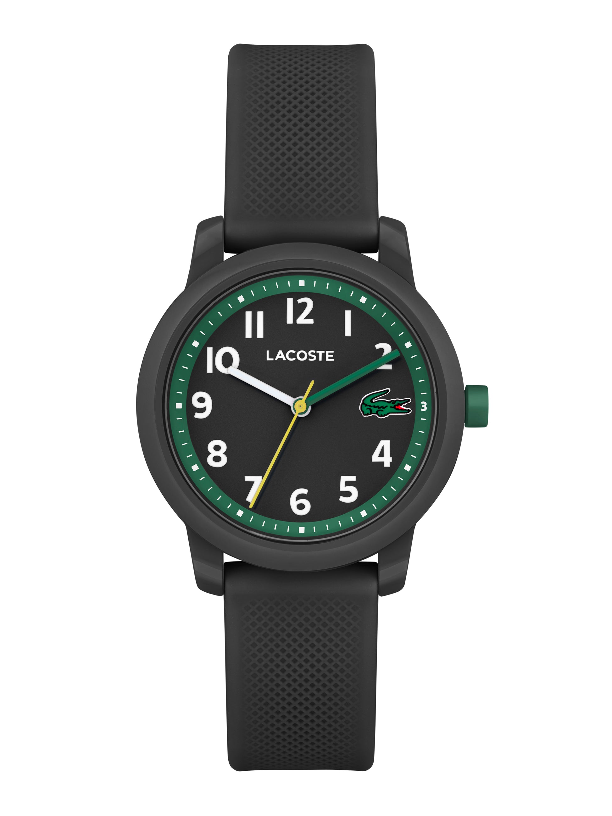 The Kids Lacoste.12.12 Black Watch 2030042 features a silicone band and is water resistance, showcased on a white background.