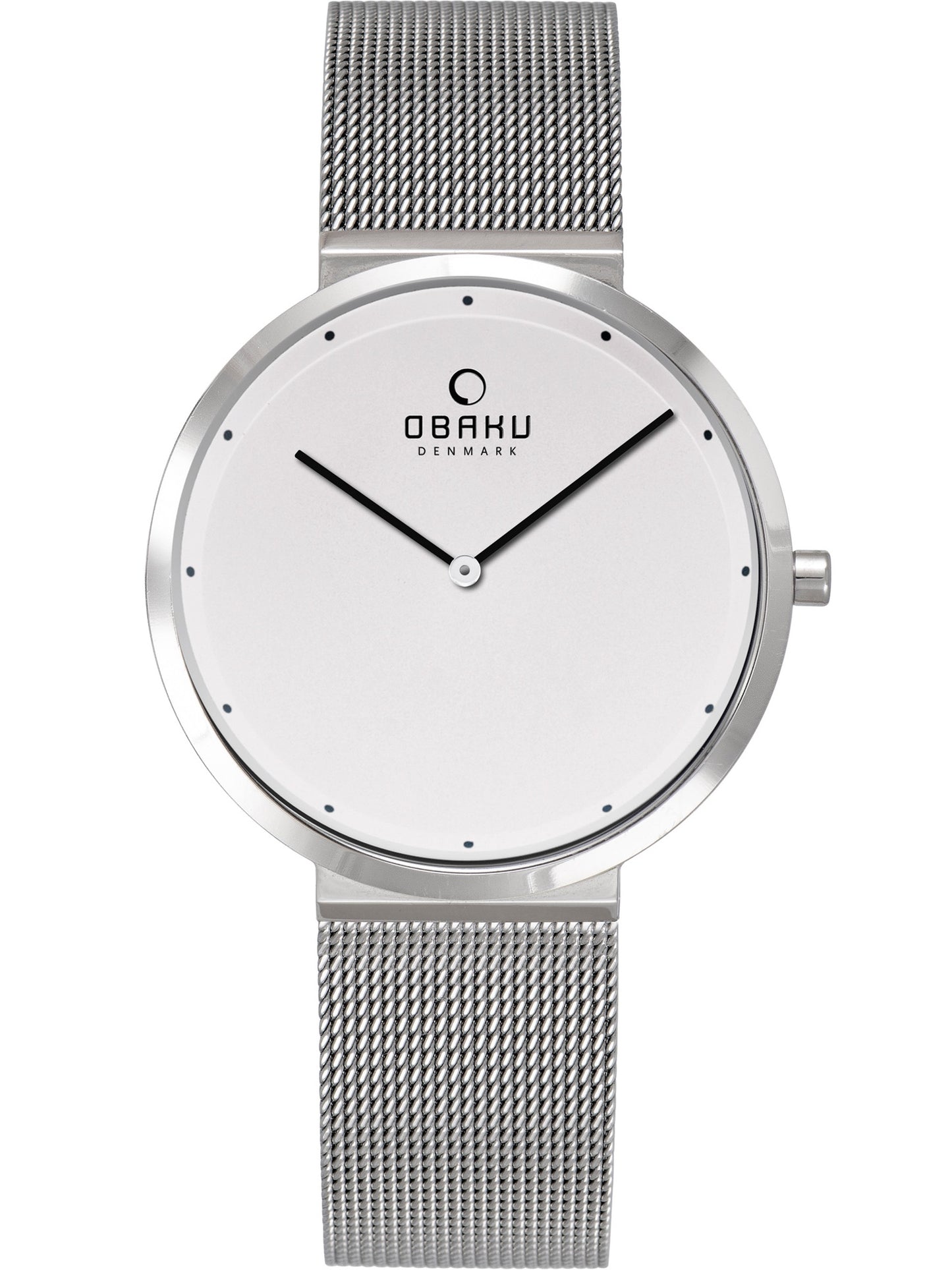 An Obaku Ladies Papir Lille Steel Slim Sapphire Watch V230LXCWMC with a white dial and a mesh bracelet.