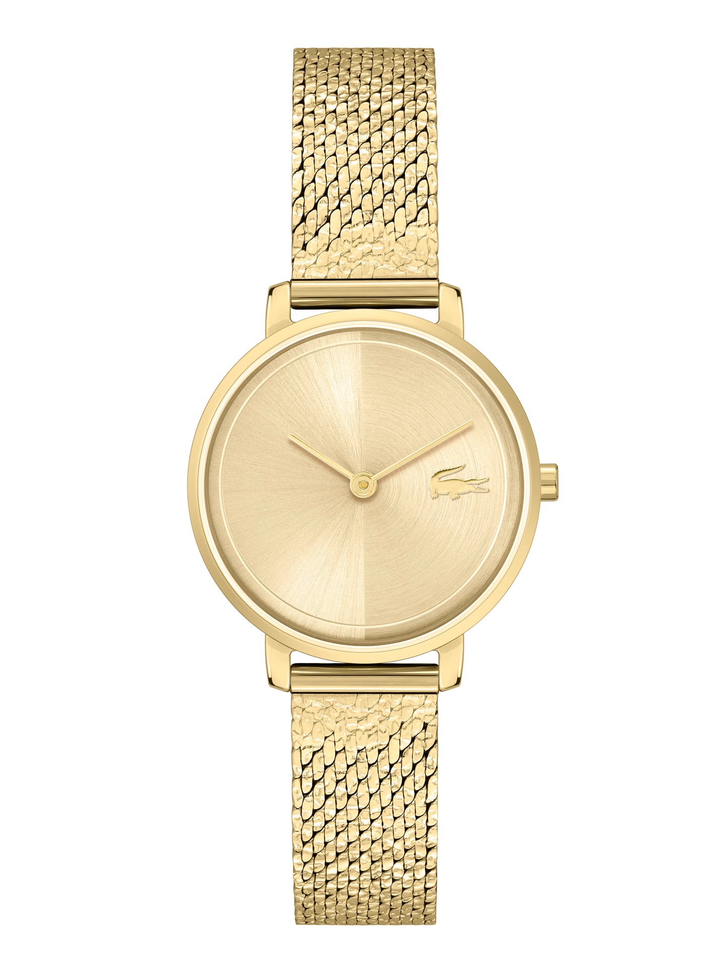 A Ladies Suzanne Yellow Gold IP Watch 2001297 with a mesh band, complemented by Lacoste's iconic crocodile emblem.