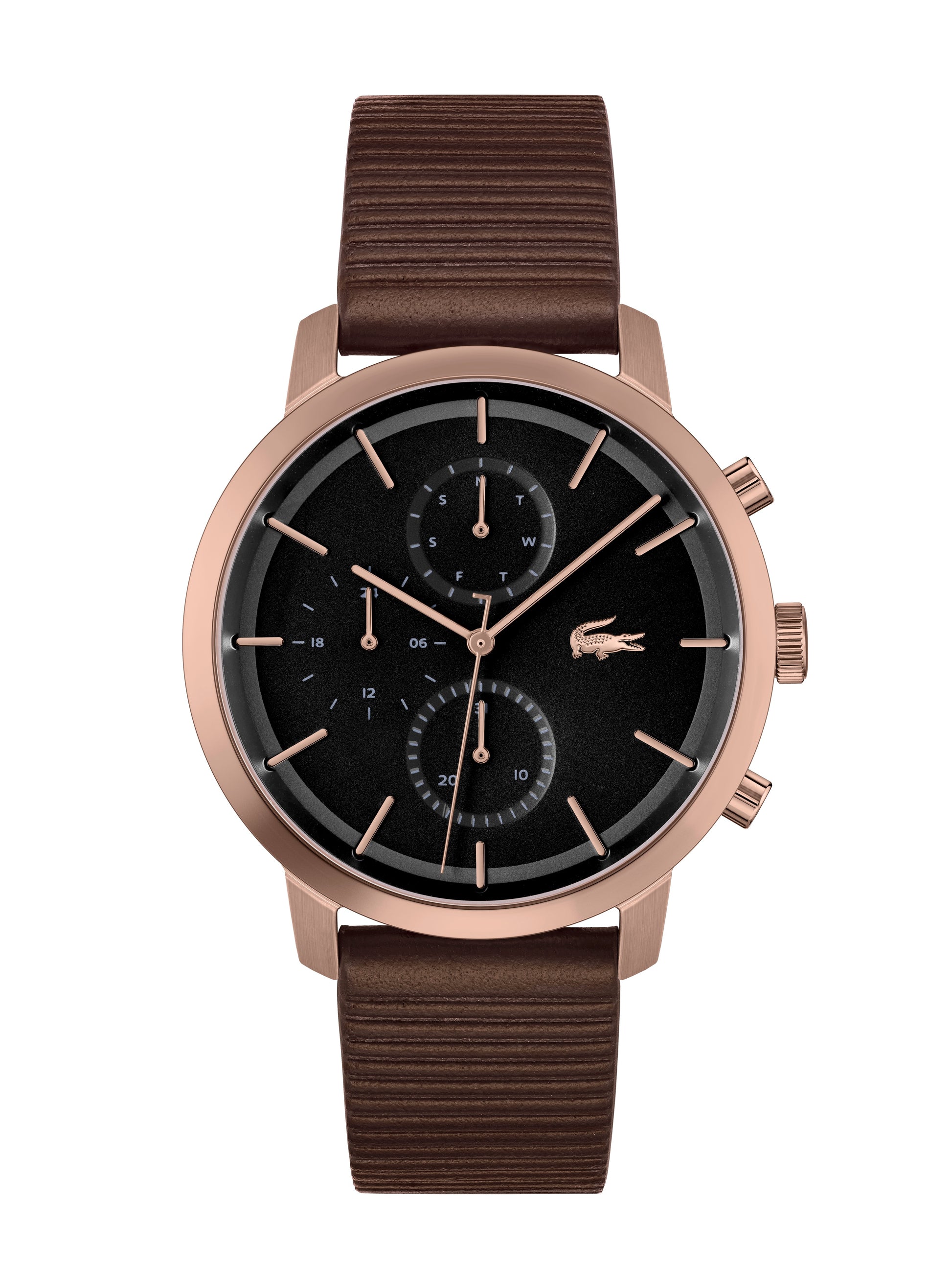 An elegant Men's Replay Black - Brown Watch 2011257 by Lacoste with a brown leather strap and black dial.