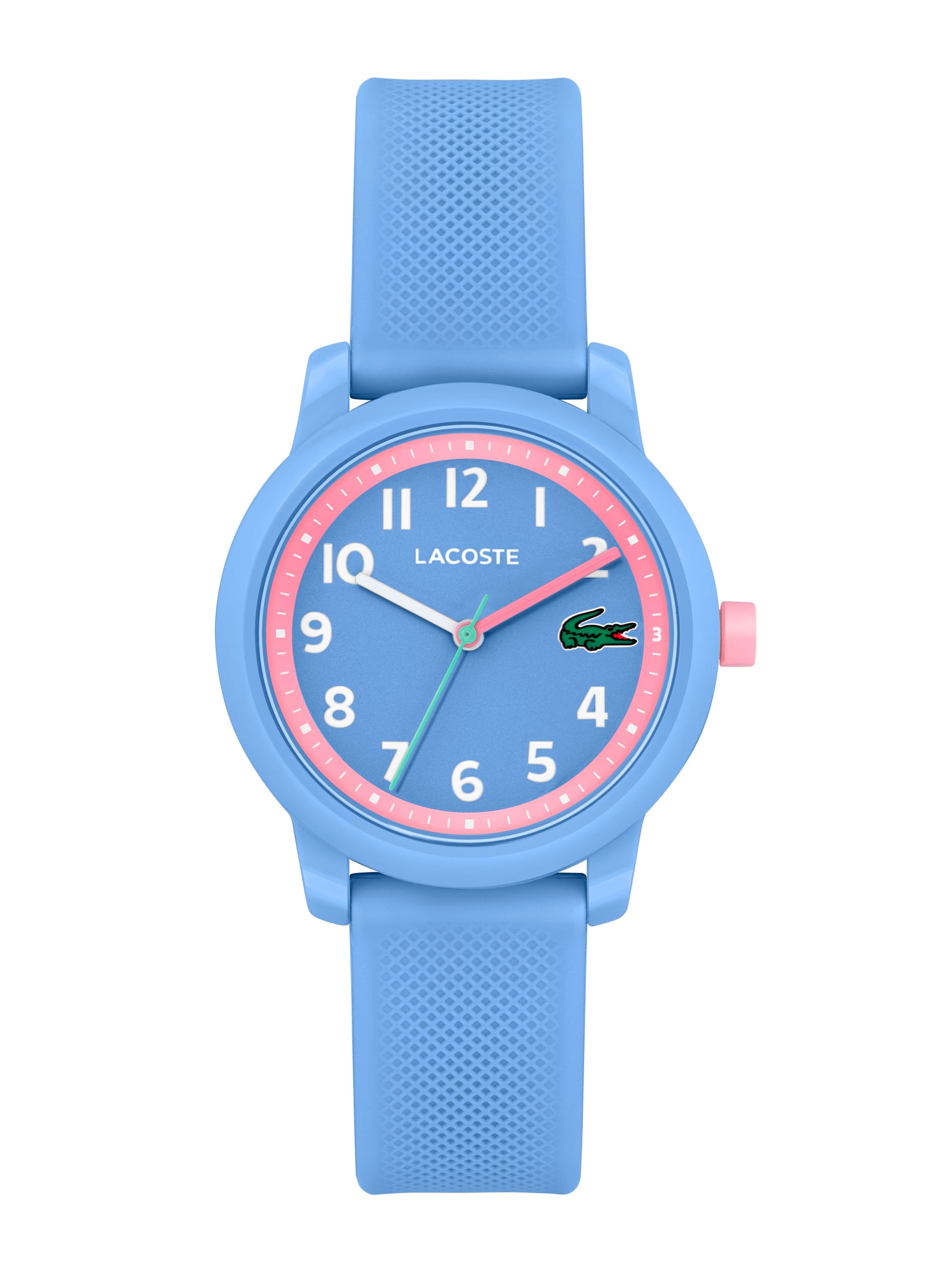 Kids Lacoste.12.12 Light Blue Watch 2030041 in blue and pink.
