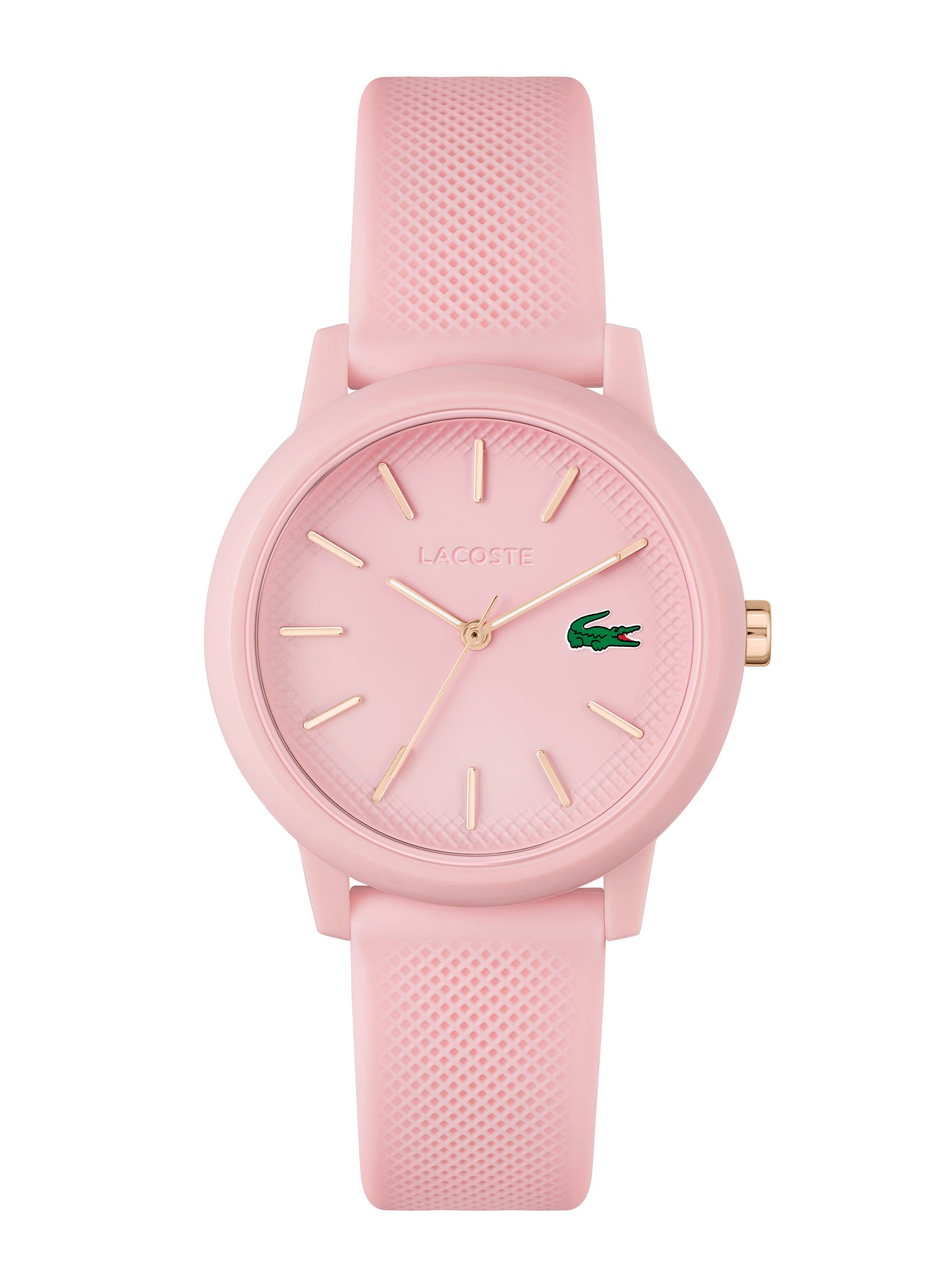 A sporty pink Lacoste.Ladies Lacoste.12.12 Pink Watch 2001213 featuring a crocodile and is waterproof.